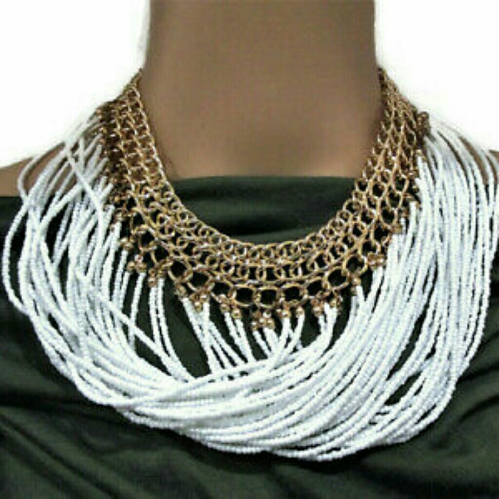 Statement Necklace/ White Seed Beads/ Gold Brass T